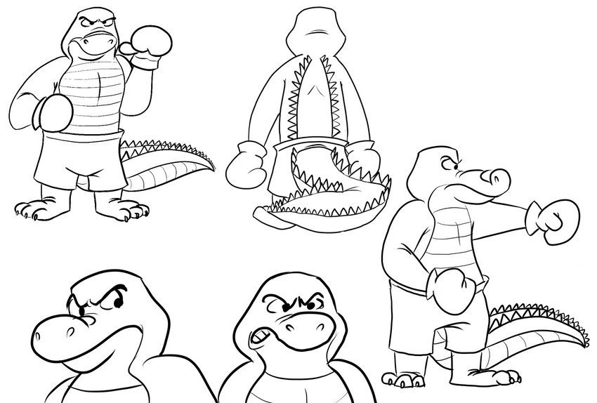 anthro biped boxing_gloves boxing_shorts clothed clothing handwear male multiple_poses pose simple_background solo white_background sobieniak brok_the_investigator cowcat_games brok_(brok_the_investigator) alligator alligatorid crocodilian reptile scalie hi_res monochrome