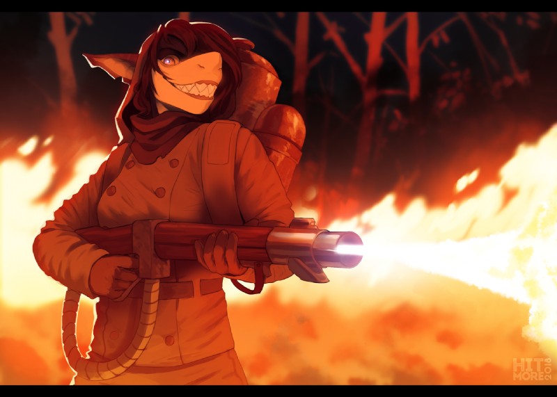 5_fingers anthro black_bars black_hair clothed clothing detailed_background equipment female fingers fire flamethrower hair long_hair ranged_weapon solo teeth weapon hitmore blue_(grammaticerror) fish marine shark 2019 digital_media_(artwork) letterbox