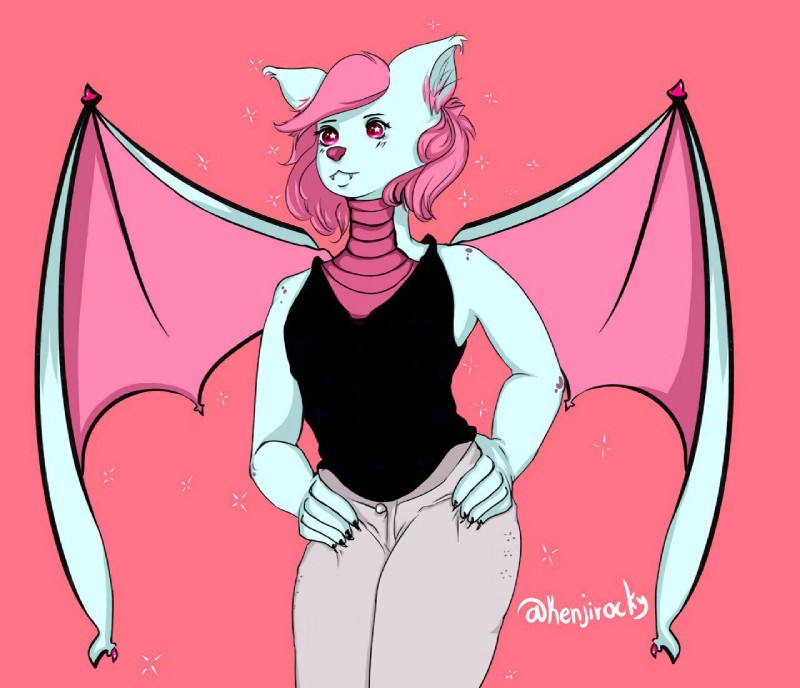 anthro biped black_clothing black_topwear bottomwear clothed clothing fangs femboy fully_clothed hair hands_on_hips membrane_(anatomy) membranous_wings pants pink_background pink_bottomwear pink_clothing pink_eyes pink_hair pink_pants simple_background solo spread_wings standing teeth topwear white_body wings unknown_artist terry_bat bat mammal digital_media_(artwork) pink_theme portrait signature three-quarter_portrait