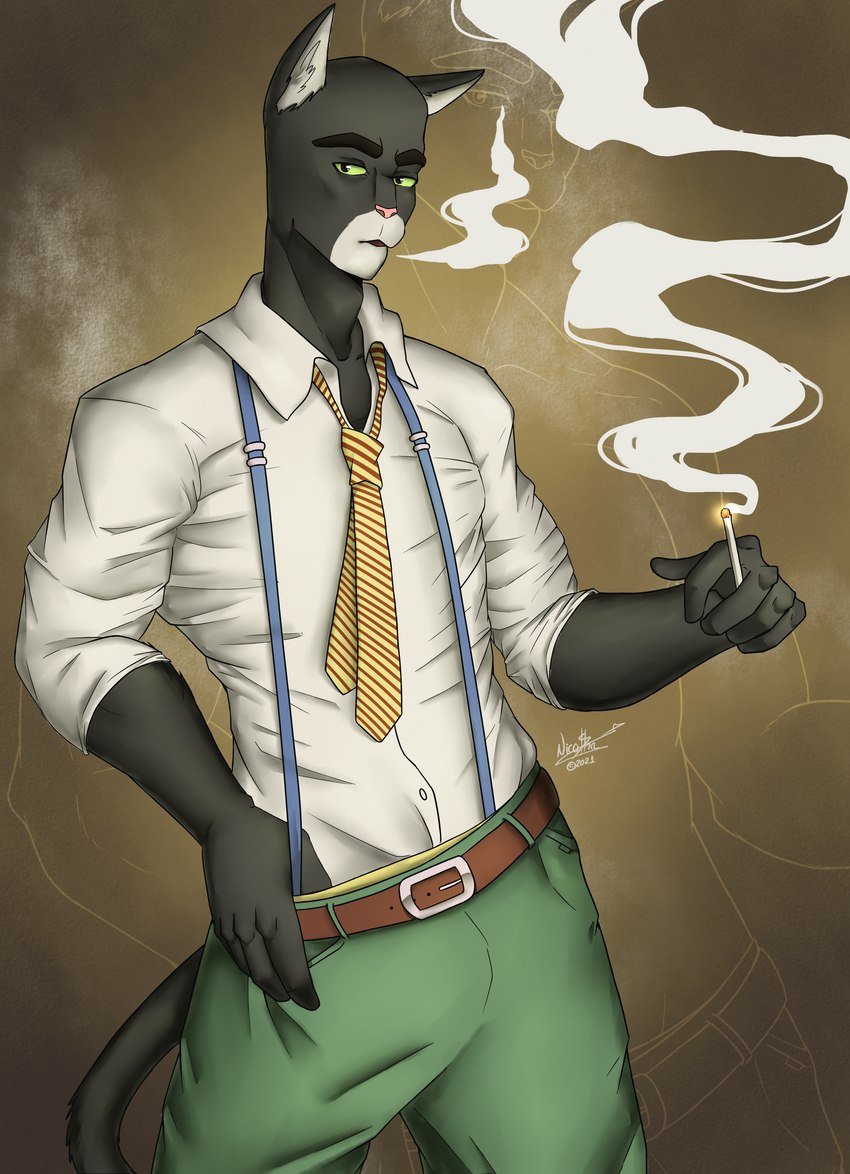 anthro belt black_body black_fur cigarette clothed clothing detective fur green_eyes looking_at_viewer male necktie simple_background smoke smoke_from_mouth solo suit topwear pistacho blacksad john_blacksad domestic_cat felid feline felis mammal absurd_res hi_res