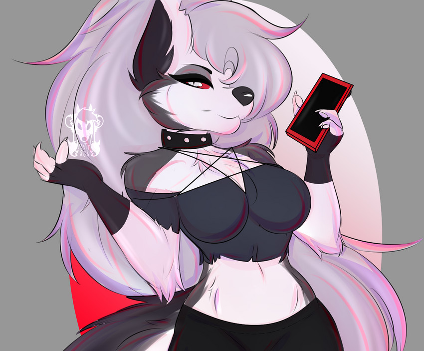 anthro breasts cellphone clothed clothing collar electronics female fur grey_body grey_fur hair holding_object holding_phone phone red_sclera shirt simple_background smartphone solo topwear white_body white_fur matt838 helluva_boss mythology loona_(helluva_boss) canid canid_demon canine demon hellhound mammal mythological_canine mythological_creature hi_res