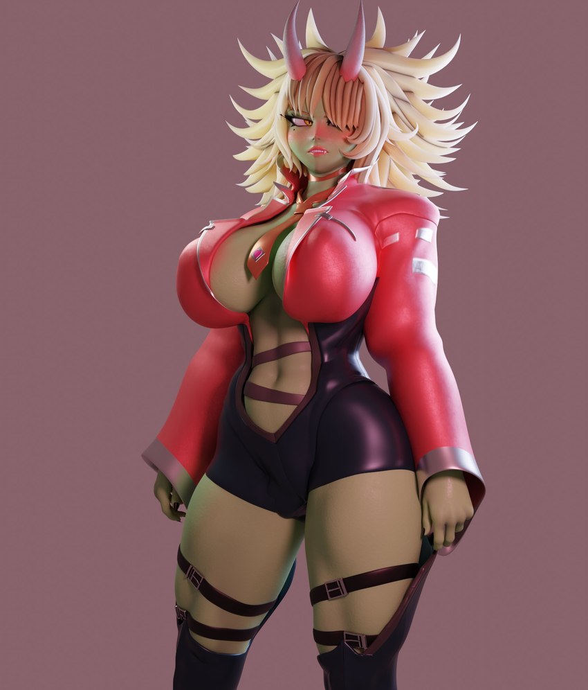 big_breasts blonde_hair blush bodysuit breasts brown_background choker clothed clothing female green_body green_skin hair hair_over_eye horn jacket jewelry messy_hair navel necklace necktie not_furry open_belly parted_lips partially_clothed red_clothing red_jacket red_necktie red_topwear simple_background skinsuit solo standing thick_thighs thigh_strap tight_clothing topwear yellow_eyes bysamzan goblin humanoid 2024 3d_(artwork) blender_(artwork) digital_media_(artwork) hi_res