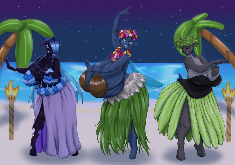 anthro beach big_breasts breasts clothed clothing eyes_closed female group hair hair_over_eye hole_(anatomy) horn huge_breasts hyper hyper_breasts looking_at_viewer one_eye_obstructed open_mouth outside palm_tree plant seaside tree trio wings blues64 marauder6272 friendship_is_magic hasbro my_little_pony cyanne fan_character sektiss sinyxstra arthropod changeling 2019 absurd_res hi_res