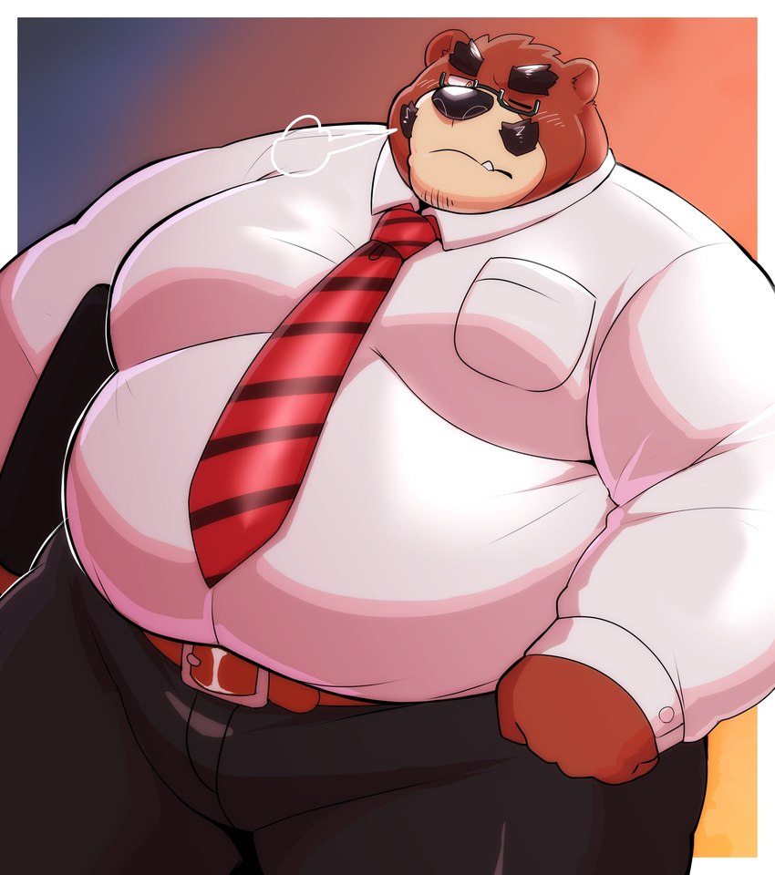 anthro belly big_belly bottomwear brown_body brown_fur clothing eyewear fur glasses kemono male mature_male necktie one_eye_closed overweight overweight_male pants shirt simple_background solo topwear 12beat13 bear mammal 2024 absurd_res hi_res