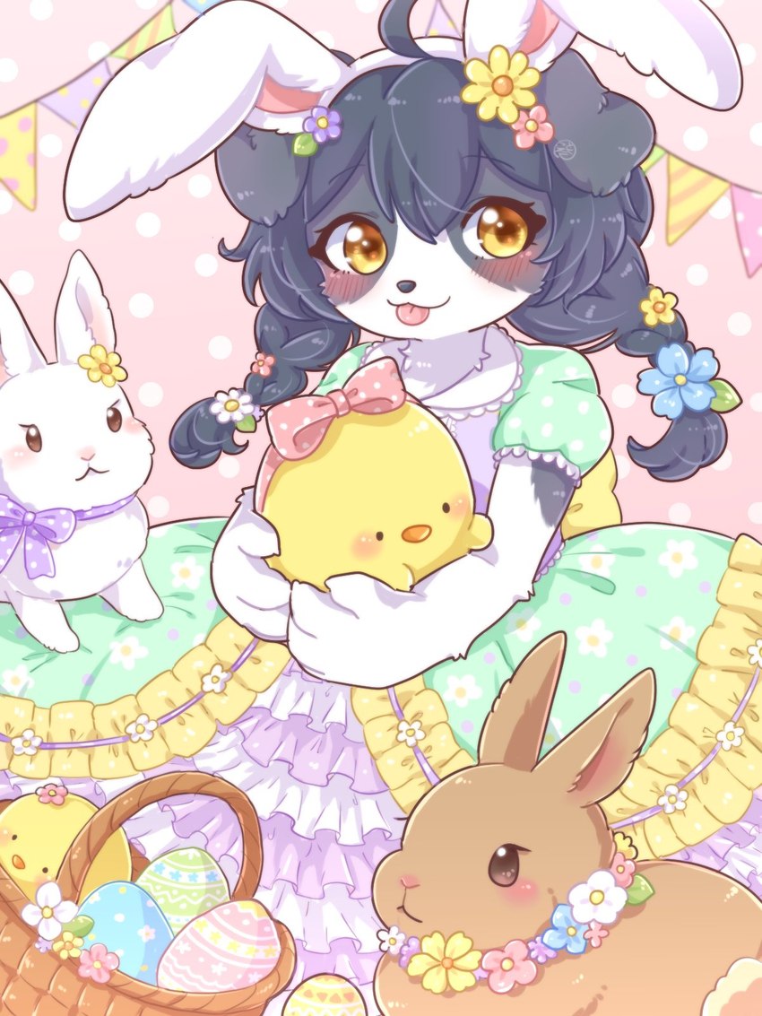 4_fingers accessory ahoge alternative_fashion ambiguous_gender anthro banner basket beak black_hair black_nose blep blush bow_(feature) bow_accessory bow_ribbon braided_hair brown_body brown_eyes brown_fur bunting_(banner) claws clothed clothing container daww decoration dotted_background dress easter_egg fake_ears fake_rabbit_ears feathers female female/ambiguous female_anthro feral finger_claws fingers floppy_ears floral floral_clothing floral_dress floral_pattern floral_print flower flower_accessory flower_garland flower_hair_accessory flower_in_hair flower_necklace flower_ornament frilly frilly_clothing fur garland grey_body grey_fur group hair hair_accessory hair_bow hair_ribbon holidays hug j-fashion kemono layered_clothing lolita_(fashion) looking_at_viewer multicolored_body multicolored_fur neck_bow pattern_accessory pattern_background pattern_bow pattern_clothing pattern_dress pennant pennant_banner pigtails plant polka_dot_accessory polka_dot_bow polka_dot_dress polka_dots ribbons simple_background spots spotted_accessory spotted_bow spotted_clothing spotted_dress tongue tongue_out two_tone_body two_tone_fur white_body white_fur yellow_body yellow_eyes yellow_feathers young young_anthro young_female koto0v0haru easter cotorita avian bird border_collie canid canine canis chicken collie domestic_dog galliform gallus_(genus) herding_dog lagomorph leporid mammal pastoral_dog phasianid rabbit sheepdog 2022 3:4 digital_media_(artwork) hi_res