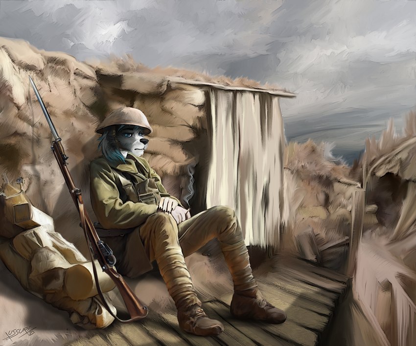 anthro armor backpack bayonet canadian cigarette gun headgear helmet knife male military ranged_weapon resting rifle sad smoking solo tired trench war weapon world_war_1 xussurix dante_kinkade canid canine canis mammal wolf absurd_res hi_res