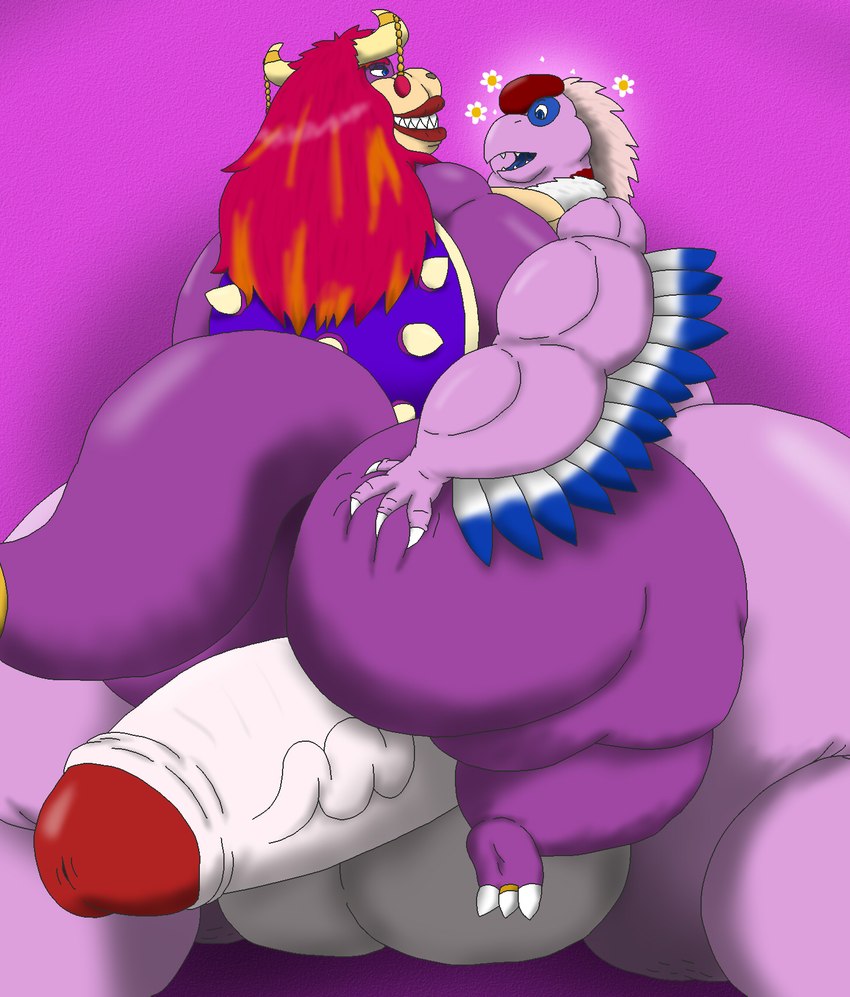 anthro arm_feathers balls big_balls big_butt big_penis butt butt_grab duo female genitals hair hand_on_butt highlights_(coloring) huge_balls huge_butt huge_hips huge_penis hyper hyper_balls hyper_butt hyper_genitalia hyper_hips hyper_penis jewelry lips magenta_hair makeup male male/female morbidly_obese muscular muscular_male obese orange_highlights overweight overweight_female overweight_male penis purple_body purple_scales scales shell thick_lips wide_hips alythewolfcat mario_bros nintendo aoi_hikawa dinosaur koopa oviraptor oviraptorid prehistoric_species reptile scalie theropod hi_res