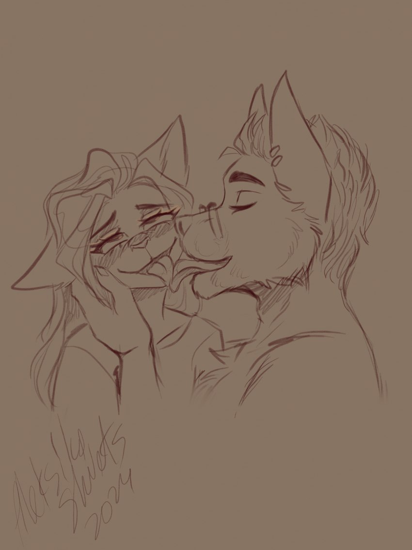 anthro duo ear_piercing ear_ring embarrassed emotional eyewear face_holding female funny_face glasses hair humor kiss_face kissing licking licking_tongue long_hair love male male/female piercing ring_piercing romantic tongue tongue_out aleksikashvets aleksika_(aleksikashvets) canid canine domestic_cat felid feline felis fox mammal hi_res