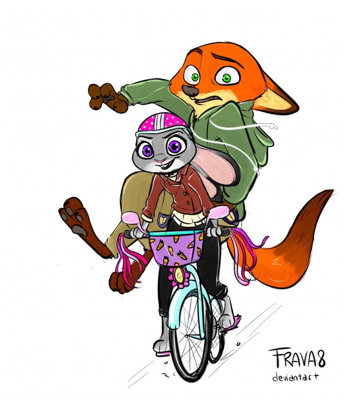 anthro bicycle clothing cycling duo female fur green_eyes grey_body grey_fur male orange_body orange_fur purple_eyes scared vehicle frava8 disney zootopia judy_hopps nick_wilde canid canine fox lagomorph leporid mammal rabbit red_fox true_fox 2017 absurd_res hi_res