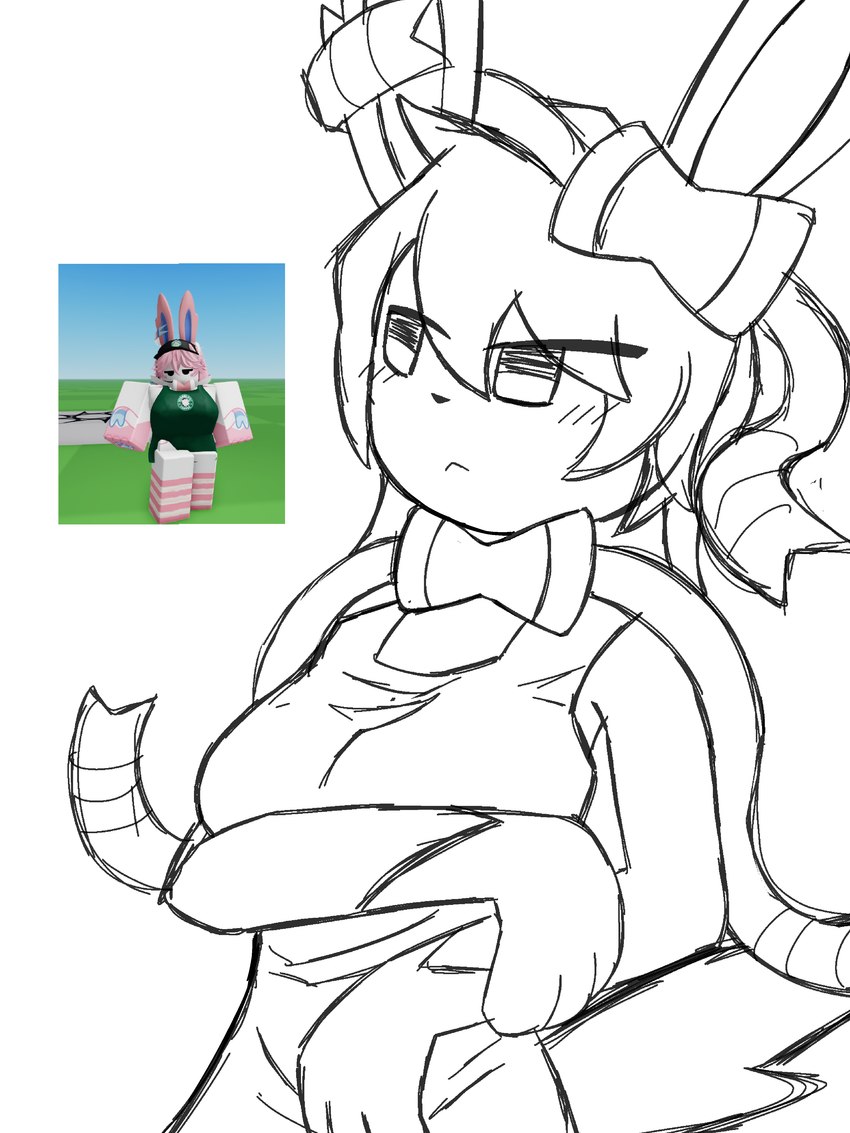 anthro bow_ribbon breasts embarrassed female female_focus holding_breast intersex medium_breasts ribbons_(anatomy) tail senderlol nintendo pokemon roblox starbucks eeveelution generation_6_pokemon humanoid pokemon_(species) sylveon absurd_res hi_res sketch unfinished