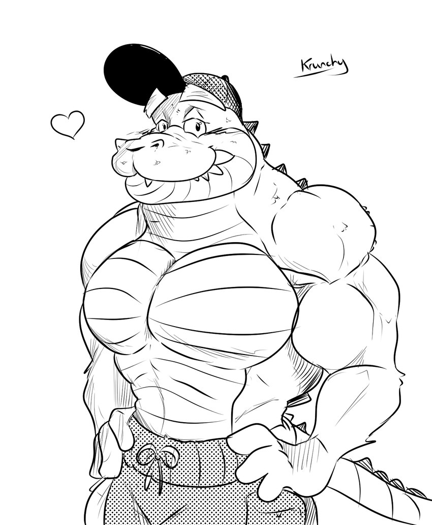 anthro bottomwear clothing hat headgear headwear male muscular muscular_anthro muscular_male pecs shorts simple_background smile solo krunchycroc sea_pupper krunch_(krunchycroc) alligator alligatorid crocodile crocodilian reptile scalie black_and_white hi_res monochrome sketch