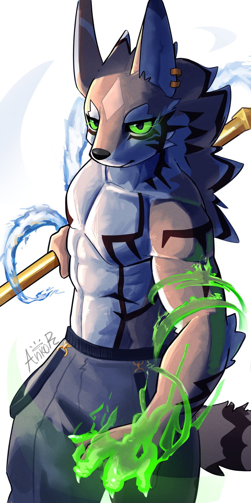 anthro athletic athletic_anthro athletic_male bottomwear brown_body brown_fur clothed clothing ear_piercing fur green_eyes holding_melee_weapon holding_object holding_weapon looking_at_viewer magic_user male melee_weapon pants piercing solo striped_body striped_fur stripes tail topless topless_anthro topless_male weapon ankorthewolf lifewonders tokyo_afterschool_summoners seth_(tas) canid canine canis jackal mammal 1:2 2023 absurd_res hi_res