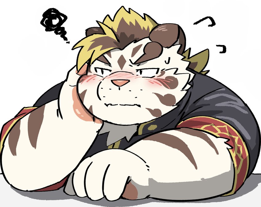 anthro blush bodily_fluids clothed clothing fur kemono male simple_background slightly_chubby solo sweat text white_background white_body white_fur ptcmtr lifewonders tokyo_afterschool_summoners licho_(tas) felid mammal pantherine tiger 2021 hi_res japanese_text