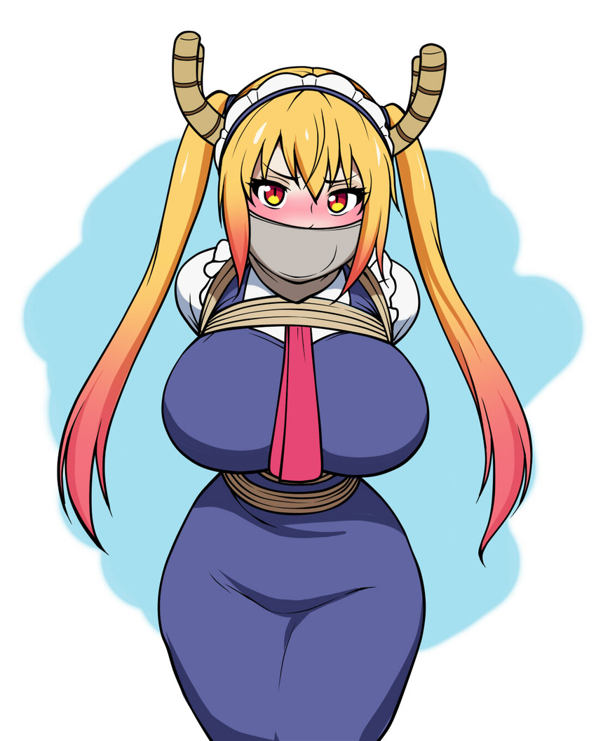 bdsm big_breasts blonde_hair blush bondage bound breasts female hair long_hair looking_at_viewer pigtails restraints rope rope_bondage simple_background solo yellow_eyes jam-orbital miss_kobayashi's_dragon_maid mythology tohru_(dragon_maid) animal_humanoid dragon dragon_humanoid humanoid mythological_creature mythological_scalie scalie 2017 hi_res