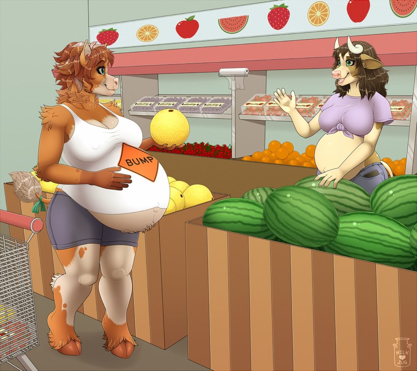 2_horns 5_fingers anthro barefoot belly big_belly big_breasts blueberry_(fruit) both_pregnant breasts brown_hair brown_markings cherry cleavage clothed clothing cloven_hooves duo eyelashes feet female female_anthro fingers food fruit fully_clothed fully_clothed_anthro fully_clothed_female fur fur_markings grapefruit green_eyes green_wall grocery_store hair hair_over_shoulder hand_on_belly holding_food holding_fruit holding_grapefruit holding_object hooves horn inside light lips logo markings medium_hair melon multicolored_body multicolored_fur multicolored_hair multiple_pregnancies navel neck_tuft nipple_outline open_mouth open_smile orange_(fruit) orange_body orange_fur orange_hooves outie_navel pink_lips plant pregnant pregnant_anthro pregnant_female purple_clothing purple_shirt purple_t-shirt purple_topwear shelf shirt shopping shopping_cart short_hair smile smiling_at_another smiling_at_each_other standing strawberry t-shirt tan_body tan_fur tank_top text text_on_clothing text_on_shirt text_on_tank_top text_on_topwear thick_bottom_lip tied_shirt topwear tuft two_tone_body two_tone_fur two_tone_hair wall_(structure) watermelon white_clothing white_hair white_horn white_shirt white_tank_top white_topwear milk-jug makenna_(kupilas) milky_(milk-jug) bovid bovine cattle mammal 2021 artist_logo colored digital_drawing_(artwork) digital_media_(artwork) english_description english_text lighting shaded