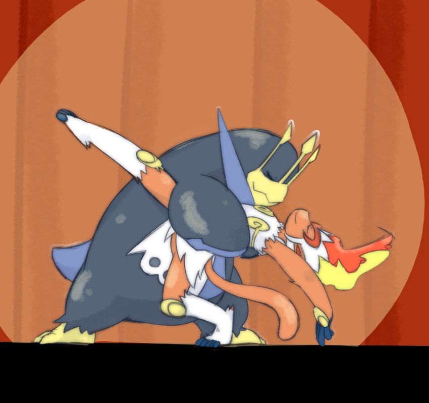 ambiguous_gender anthro beak dancing duo eyes_closed feet fingers fire fur pose smile toes tatu_wani_(artist) nintendo pokemon empoleon generation_4_pokemon infernape pokemon_(species) 2019 hi_res