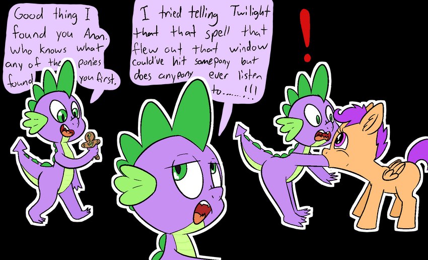 anon, scootaloo, and spike (friendship is magic and etc) created by happy harvey