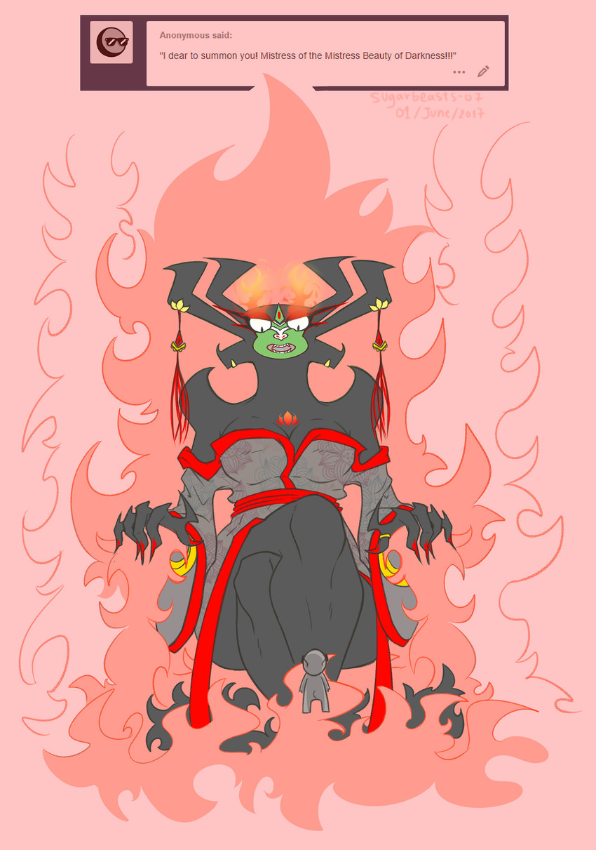 ambiguous_gender black_body breasts claws clothed clothing detailed_background dialogue dialogue_box duo eyewear fangs female fire glasses green_body jewelry multicolored_body not_furry open_mouth ring sitting teeth text two_tone_body vipery-07 samurai_jack aku anon humanoid english_text hi_res