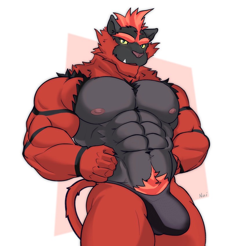 abs anthro big_pecs biped black_body black_fur bulge chest_tuft clothed clothing detailed_bulge fur green_eyes grey_body grey_fur male male_anthro multicolored_body muscular muscular_anthro muscular_arms muscular_male nipples pecs pink_nipples pose pubes red_body red_fur simple_background solo tail thong thong_only topless tuft underwear underwear_only yellow_sclera naistop nintendo pokemon generation_7_pokemon incineroar pokemon_(species) 1:1 2023 digital_drawing_(artwork) digital_media_(artwork) hi_res signature