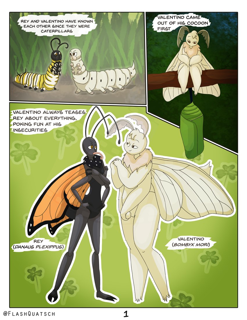 4_arms antennae_(anatomy) anthro chrysalis crossed_arms dialogue duo hands_on_hips insect_wings larva lepidopteran_wings looking_at_another male male/male multi_arm multi_limb proboscis_(anatomy) sitting sitting_on_branch text tongue tongue_out wings flashquatsch rey_(flashquatsch) valentino_(flashquatsch) arthropod butterfly caterpillar humanoid insect lepidopteran monarch_butterfly moth comic english_text hi_res