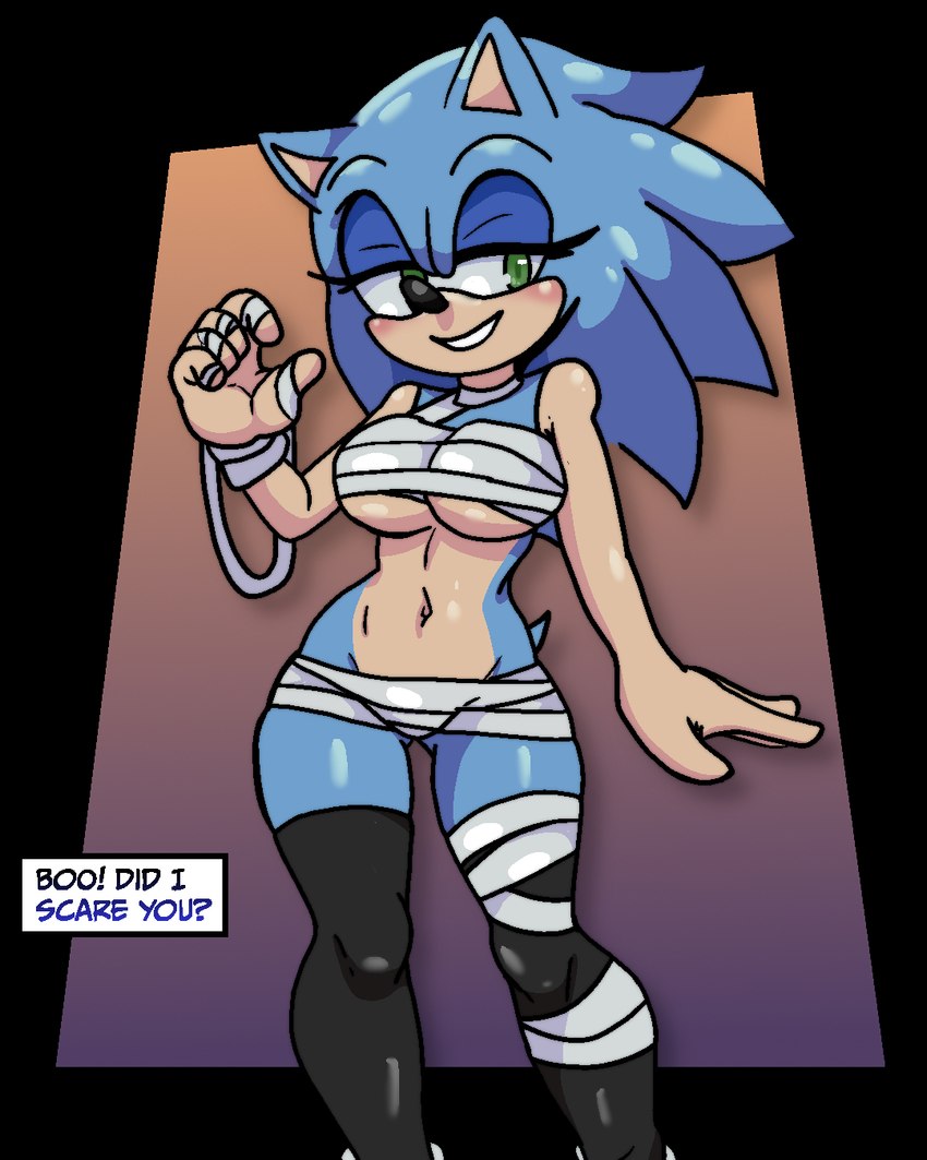 anthro bandage bedroom_eyes big_breasts black_clothing black_legwear black_thigh_highs blue_body blue_hair breasts clothing crossgender dialogue dialogue_box female green_eyes hair legwear mtf_crossgender narrowed_eyes seductive solo text thigh_highs under_boob broth_nsfw sega sonic_the_hedgehog_(series) sonic_the_hedgehog eulipotyphlan hedgehog mammal 2024 4:5 english_text hi_res