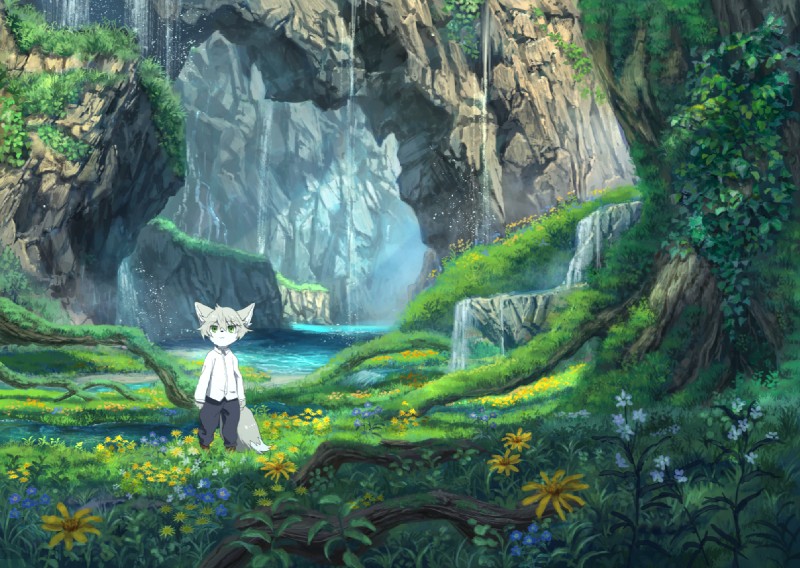 :3 amazing_background anthro arch bottomwear clothed clothing daisy_(flower) day detailed_background dipstick_tail dress_shirt flower fully_clothed fur grass green_eyes grey_body grey_fur grey_hair hair kemono landscape light looking_at_viewer male markings multicolored_body multicolored_fur multicolored_tail natural_arch nature outside pants plant realistic_lighting realistic_shading river scenery_porn scenic_view shirt solo standing sunlight tail tail_markings topwear tree two_tone_body two_tone_fur valley water waterfall white_body white_fur young young_anthro pippi913 canid canine fox mammal detailed digital_media_(artwork) digital_painting_(artwork)