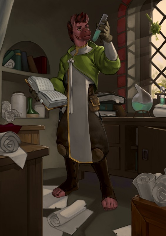 5_fingers 5_toes anthro barefoot biped book brown_eyes clothed clothing day detailed_background feet fingers fur gloves hair handwear holding_object inside male red_body red_fur red_hair solo toes window eosphorite mammal hi_res