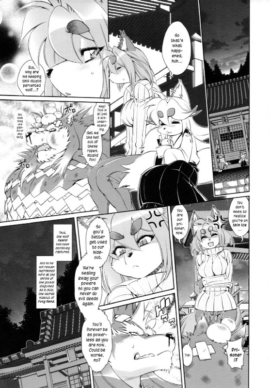 anthro blood bodily_fluids eyes_closed female kemono magic male nosebleed nude text torii wounded amakuchi fenrir_(amakuchi) foxy-rena otama_(character) canid canine canis fox mammal wolf comic greyscale hi_res japanese_text monochrome translated