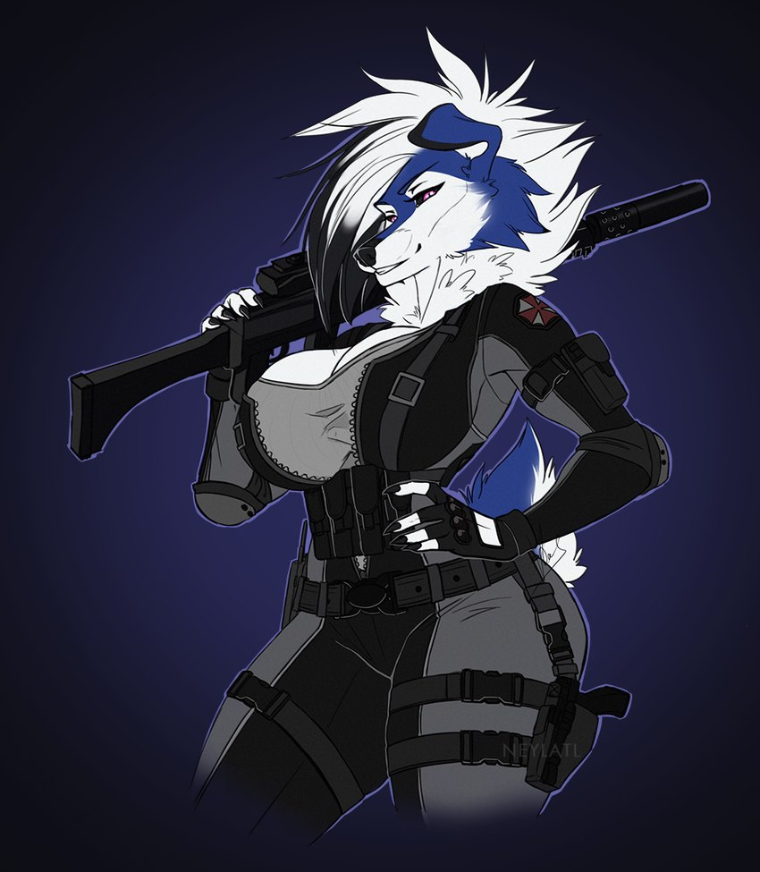 5_fingers anthro blue_body blue_fur breasts clothed clothing female fingers fur gun hair holding_gun holding_object holding_ranged_weapon holding_weapon ranged_weapon solo weapon white_body white_fur white_hair neylatl capcom nintendo pokemon resident_evil umbrella_corporation umbrella_soldier_(resident_evil) canid canine canis domestic_dog generation_7_pokemon lycanroc mammal midnight_lycanroc pokemon_(species) shiny_pokemon 2020 digital_media_(artwork)