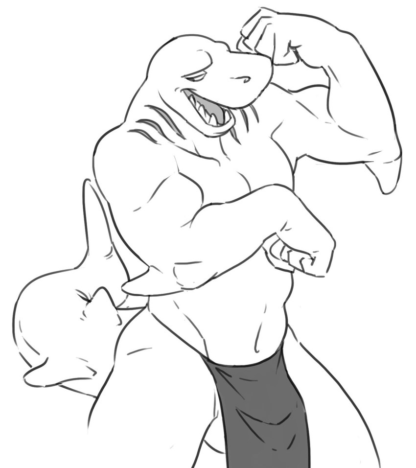 anthro balls bottomwear clothing elbow_fin fist flexing genitals gills loincloth male muscular muscular_anthro muscular_male navel open_mouth simple_background solo standing teeth white_background flookz fish marine shark hi_res monochrome