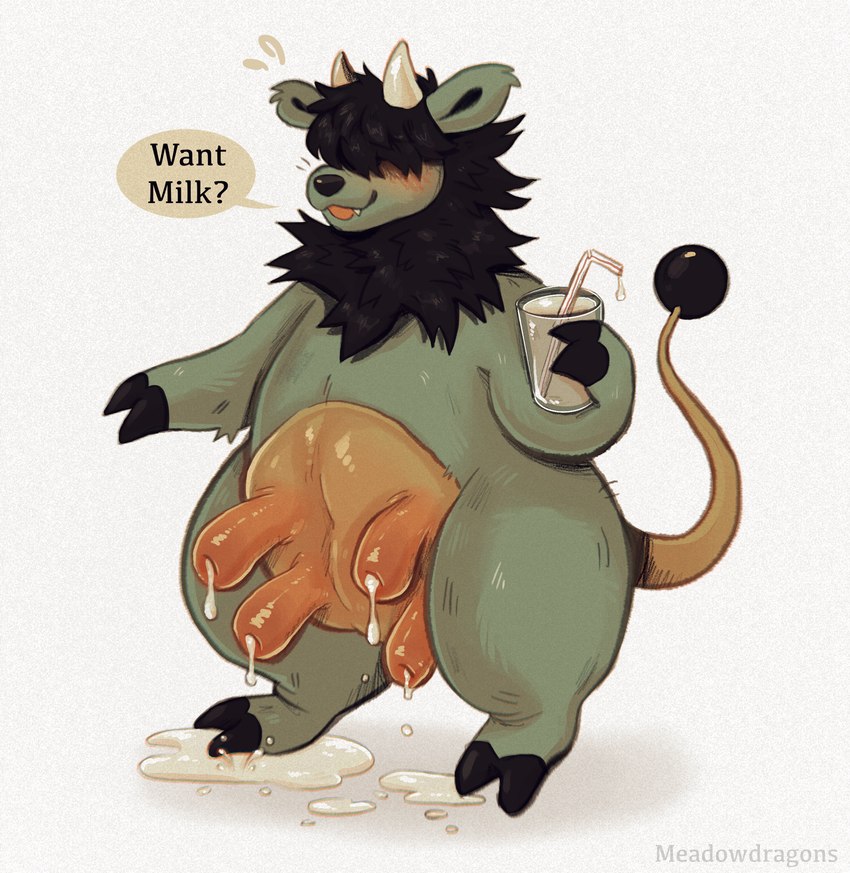 anthro big_udders biped black_hair black_hooves black_mane black_nose blush bodily_fluids cute_fangs fangs female fur green_body green_fur hair hair_over_eyes hooves horn lactating mane milk milk_drip milk_on_ground milk_puddle offering_beverage offering_to_viewer semi-anthro simple_background smile solo standing tan_horn teats teeth text three-quarter_view udders white_background moth_sprout nintendo pokemon bovid bovine generation_2_pokemon mammal miltank pokemon_(species) 2022 artist_name english_text hi_res