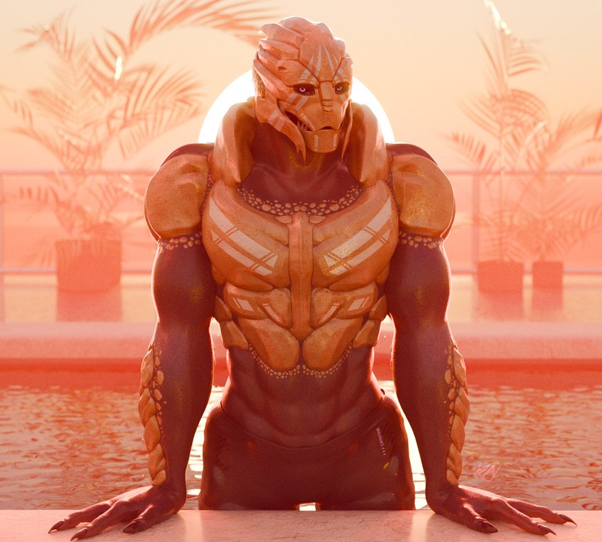 bodypaint clothed clothing face_paint in_pool leaning leaning_forward looking_at_viewer male muscular muscular_male outside plant plant_pot potted_plant solo standing sun sunset swimming_pool swimming_trunks swimwear teeth water wet kagekave bioware electronic_arts mass_effect alien turian 3d_(artwork) digital_media_(artwork) hi_res