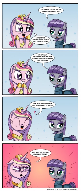 dialogue duo feathered_wings feathers female heart_symbol horn text wings daniel-sg friendship_is_magic hasbro my_little_pony mythology maud_pie_(mlp) princess_cadance_(mlp) earth_pony equid equine horse mammal mythological_creature mythological_equine pony winged_unicorn 2015 english_text hi_res