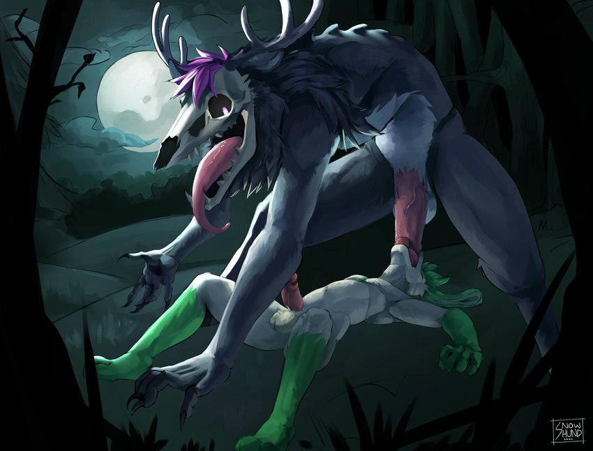 anthro antlers aroused balls belly bone claws deep_throat detailed_background duo erection fellatio floppy_ears foreground_silhouette forest forest_background fur genitals grass green_body green_fur grey_body grey_fur hair horn light male male/male male_penetrated male_penetrating male_penetrating_male mane mature_anthro moon moonlight nature nature_background night nude open_mouth oral oral_penetration outside penetration penile penis plant purple_hair sex silhouette size_difference skull skull_head teeth teratophilia tongue tongue_out tree white_belly white_body white_fur white_hair snow.hound american_mythology indigenous_north_american_mythology mythology north_american_mythology animal_humanoid deer hare humanoid hybrid lagomorph lagomorph_humanoid leporid leporid_humanoid mammal mammal_humanoid monster monstrous_humanoid rabbit rabbit_humanoid wendigo invalid_background alternate_version_at_source digital_media_(artwork) hi_res