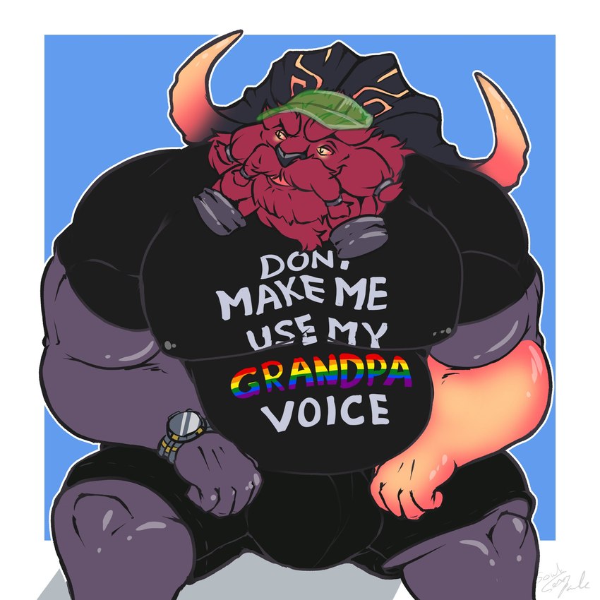 2_horns 5_fingers >:( >:p anthro armwear belly big_horn black_body black_bottomwear black_clothing black_eyes black_horn black_shirt black_shorts black_skin black_topwear blep blue_background bottomwear bovid_horn broad_shoulders bulge burly caprine_horn clock closed_frown clothed clothing curled_horn dark_body dark_bottomwear dark_horn dark_skin eyebrows fingers fur furrowed_brow geometric_background glistening glistening_hands glistening_legs glistening_nipples glowing glowing_eyes green_clothing green_hat green_headwear grumpy hand_on_knee hand_on_leg hands_on_knees hands_on_legs hat headgear headwear horn horn_markings lgbt_pride looking_away male manly markings mature_anthro mature_male monotone_body monotone_bottomwear monotone_clothing monotone_fur monotone_shirt monotone_shorts monotone_skin monotone_topwear moobs multicolored_horn musclegut muscular muscular_anthro muscular_arms muscular_male nipple_outline nipples overweight overweight_male pecs pride_colors pupils rainbow_pride_colors rainbow_text ram_horn red_body red_eyebrows red_fur red_horn red_pupils red_sclera sharp_horn shirt shorts simple_background six-stripe_rainbow_pride_colors solo standing stocky t-shirt text thick_eyebrows tight_clothing tongue tongue_out tongue_showing topwear two_tone_hands two_tone_horn watch white_background white_text wristwatch soulasexypanda league_of_legends riot_games tencent ornn_(lol) bovid caprine demigod mammal 1:1 absurd_res hi_res