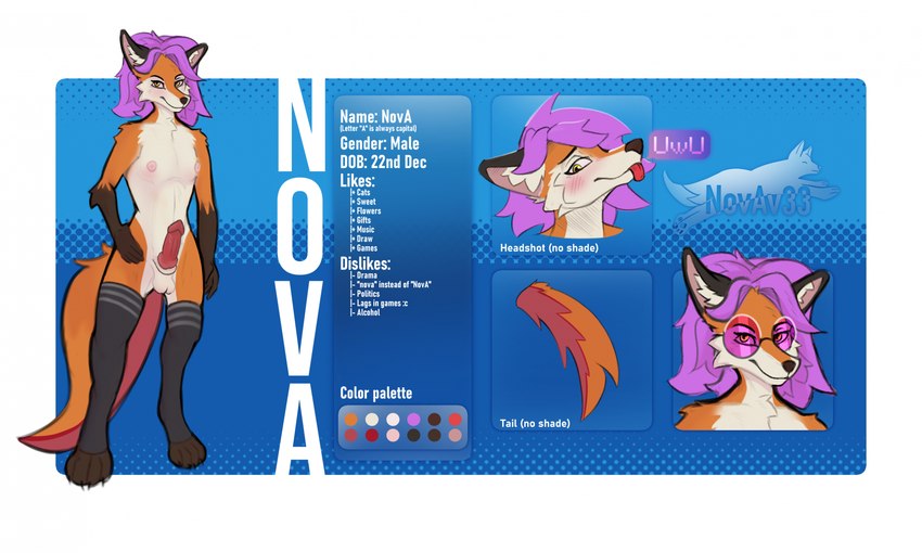 animal_genitalia anthro balls blush bottomwear canine_genitalia clothing eyewear femboy fur genitals glasses hair legwear looking_at_viewer looking_up male nipples orange_body orange_fur pants penis pink_hair smile solo standing stockings text novav33 nova_(novav33) canid canine fox mammal english_text hi_res model_sheet