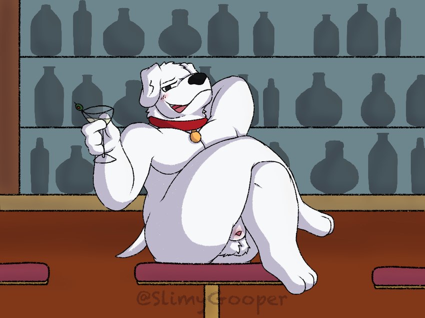 alcohol animal_genitalia anthro bar beverage butt crossed_legs genitals glass hand_behind_head holding_glass holding_object knot leg_over_thigh male nude penis sheath sitting solo wine hornypurpproto slimygooper family_guy brian_griffin canid canine mammal