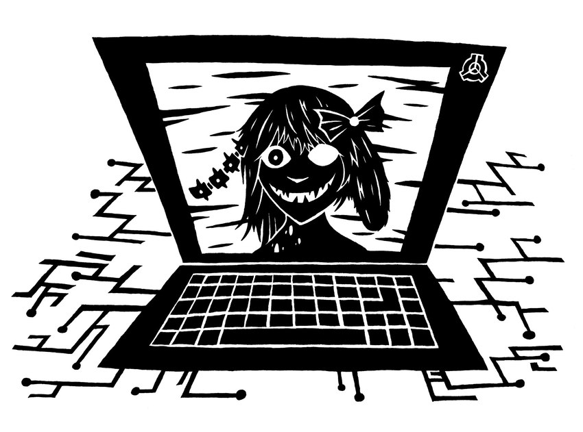 accessory anthro asymmetrical_eyes bangs bone bow_accessory bow_ribbon computer computer_keyboard electronics exposed_bone female floppy_ears hair hair_accessory hair_bow hair_ribbon laptop logo looking_at_viewer lop_ears monitor neck_wound open_mouth open_smile pupil rabbit_ears ribbons sharp_teeth shoulder_wound simple_background smile solo static teeth vertebrae white_background sunnyclockwork pitch_haven scp_foundation scp-2999-a digital_creature lagomorph leporid mammal rabbit 2014 black_and_white digital_drawing_(artwork) digital_media_(artwork) hi_res monochrome