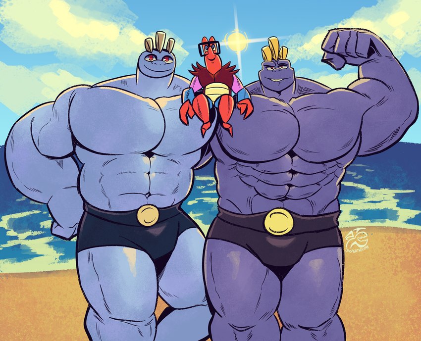 anthro beach blue_body flexing flexing_bicep group hand_behind_back hand_on_hip lens_flare male male/male muscular muscular_male purple_body red_eyes sitting_on_shoulders size_difference trio jasperthecrab nintendo pokemon arthropod crab crustacean decapoda generation_1_pokemon humanoid machoke malacostracan marine pokemon_(species) hi_res