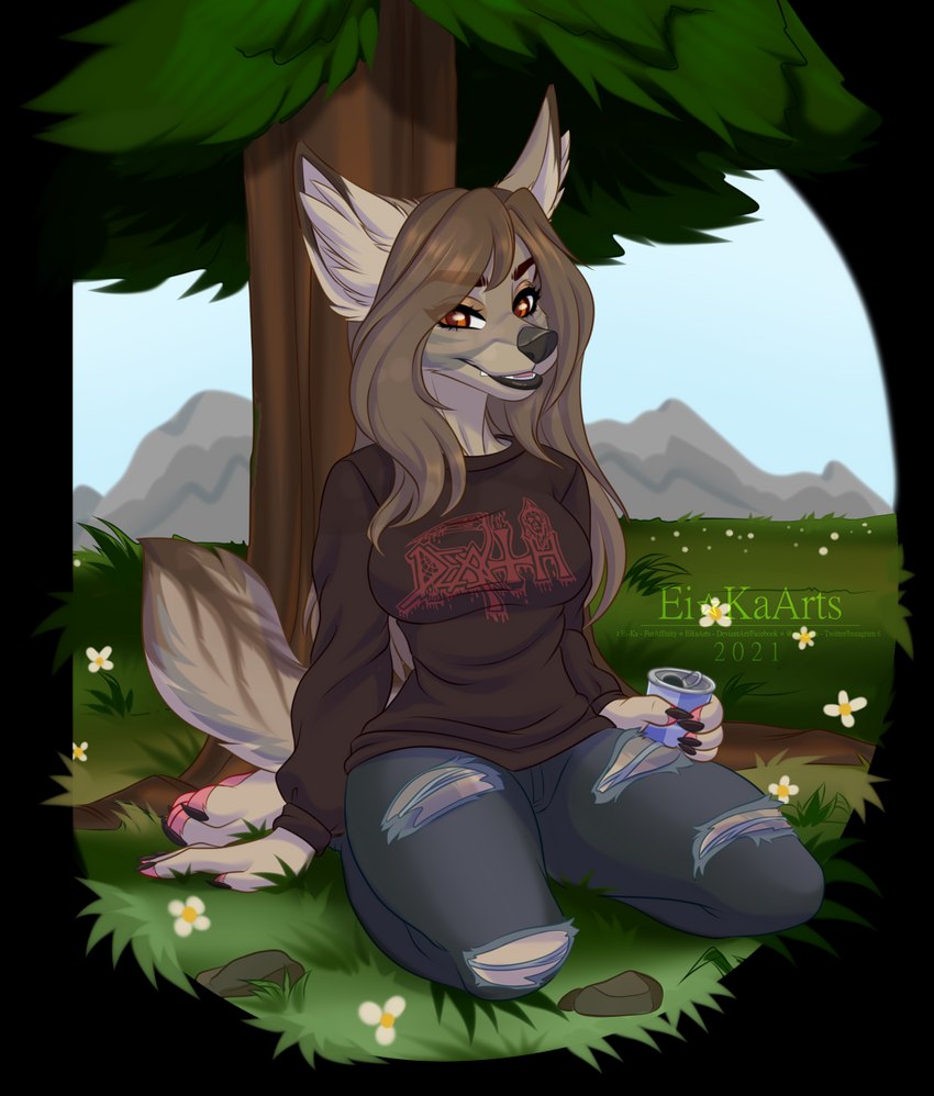 anthro breasts brown_eyes clothed clothing day detailed_background eyebrows eyelashes feet female fingers hair outside sky smile toes ei-ka canid canine canis coyote mammal 2021 alpha_channel digital_media_(artwork) hi_res