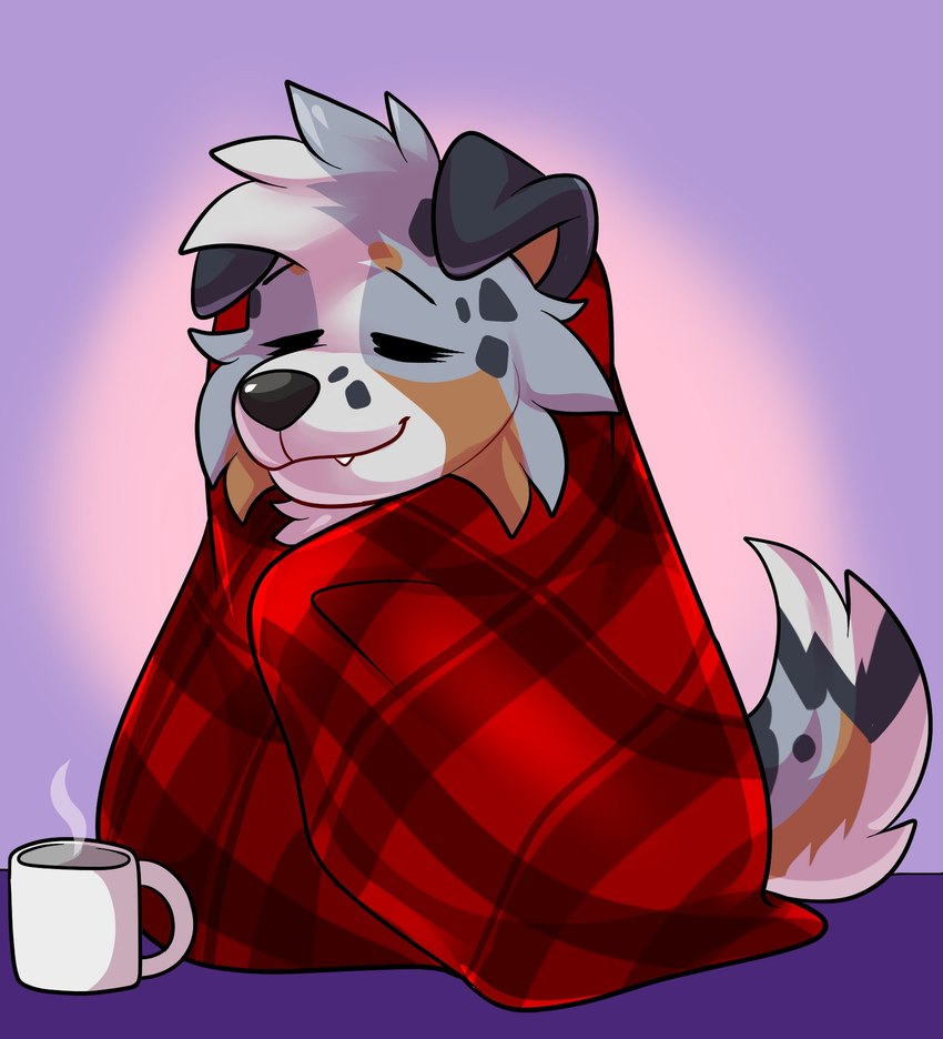 anthro beverage coffee coffee_mug eyes_closed happy male solo tired youtuber rindeadsong beta_(betaetadelota) australian_shepherd canid canine canis domestic_dog herding_dog mammal pastoral_dog sheepdog hi_res