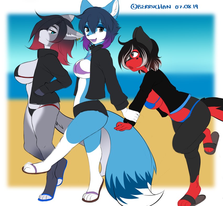 4_toes 5_fingers anthro bangs beach bent_leg bikini black_bikini black_body black_clothing black_fur black_hair black_hotpants black_jacket black_nose black_swimwear black_topwear blue_bikini blue_body blue_clothing blue_eyelids blue_eyes blue_flip_flops blue_footwear blue_fur blue_sky blue_swimwear blue_tail breasts clear_sky clothed clothing day ear_piercing ear_ring eyebrow_through_hair eyebrows eyelashes feet female fingers flip_flops fluffy fluffy_tail footwear fur grey_body grey_clothing grey_eyes grey_flip_flops grey_footwear grey_fur grey_hair grey_tail group hair hand_in_pocket highlights_(coloring) holding_arm jacket leaning leaning_forward long_tail looking_back markings medium_hair multicolored_body multicolored_fur multicolored_hair multicolored_tail open_clothing open_jacket open_mouth open_smile open_topwear outside piercing pockets purple_bikini_top purple_clothing purple_flip_flops purple_footwear purple_hair purple_tongue raised_foot red_hair ring_piercing sandals sea shoes side_boob side_view sky small_nose smile smiling_at_another star_(marking) swimwear tail toes tongue topwear translucent translucent_hair trio two-piece_swimsuit two_tone_body two_tone_fur two_tone_hair two_tone_tail walking water white_inner_ear berruchan angelina_marie inspy_rosewood savannah_(insperatus) canid canine canis domestic_dog husky mammal nordic_sled_dog spitz wolf 2019 artist_name dated digital_drawing_(artwork) digital_media_(artwork) flat_colors herm_(lore)