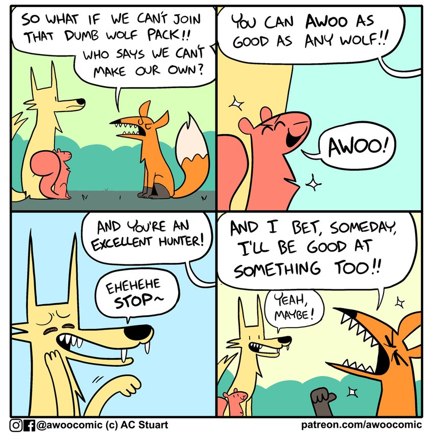 ambiguous_gender animal_noises asking asking_another asking_to_stop asking_who awoo base_two_layout blue_background command dialogue eyebrows eyes_closed fangs feral flattered four_frame_grid four_frame_image fur grass grid_layout group howl on_ground onomatopoeia orange_body orange_fur orange_tail plant question regular_grid_layout simple_background sitting sound_effects sparkles species_in_dialogue speech_bubble tail talking_to_another teeth text tongue tongue_out trio two_row_layout white_tail ac_stuart noob_the_loser awoo_(ac_stuart) canid canine canis coyote fox mammal rodent sciurid tree_squirrel 1:1 comic english_text url female_(lore)