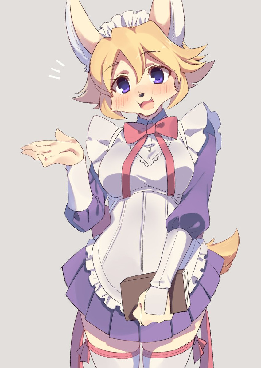 anthro black_nose blonde_hair blush book bottomwear bow_tie breasts clothing cute_fangs fangs female female_anthro fur hair holding_object kemono legwear maid_uniform open_mouth purple_eyes simple_background skirt solo tan_body tan_fur teeth thigh_highs uniform sgsix cyberconnect2 little_tail_bronx solatorobo flo_financier canid canine caninu canis chihuahua domestic_dog mammal toy_dog 2019 hi_res portrait three-quarter_portrait