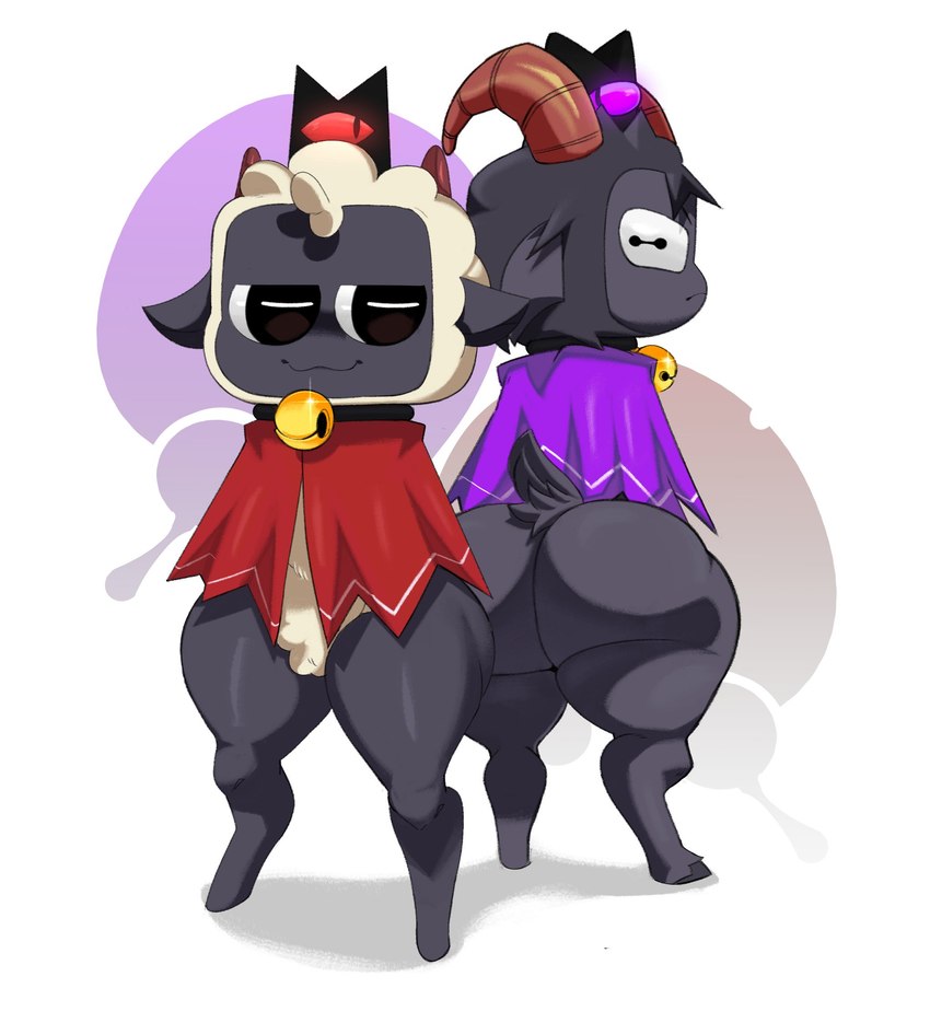 1_eye ambiguous_gender anthro bell bell_collar big_butt black_body black_fur bottomless butt cloak cloak_only clothed clothing collar crotch_tuft curved_horn duo fur half-closed_eyes headgear horizontal_pupils horn looking_at_another looking_back narrowed_eyes pupils purple_cloak purple_clothing purple_sclera red_cloak red_clothing red_sclera scut_tail short_tail simple_background smile tail thick_thighs tuft white_body white_fur white_wool wide_hips wool_(fur) v5o7 cult_of_the_lamb massive_monster_(studio) goat_(cult_of_the_lamb) lamb_(cult_of_the_lamb) purple_crown_(cult_of_the_lamb) red_crown_(cult_of_the_lamb) bovid caprine goat living_hat mammal sheep digital_media_(artwork) hi_res