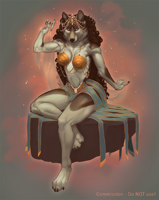 abstract_background anthro athletic athletic_anthro athletic_female biped bra breasts brown_hair clothed clothing female fur hair jewelry long_hair simple_background sitting skimpy solo underwear conditional_dnp mithril07 canid canine canis mammal wolf 2014