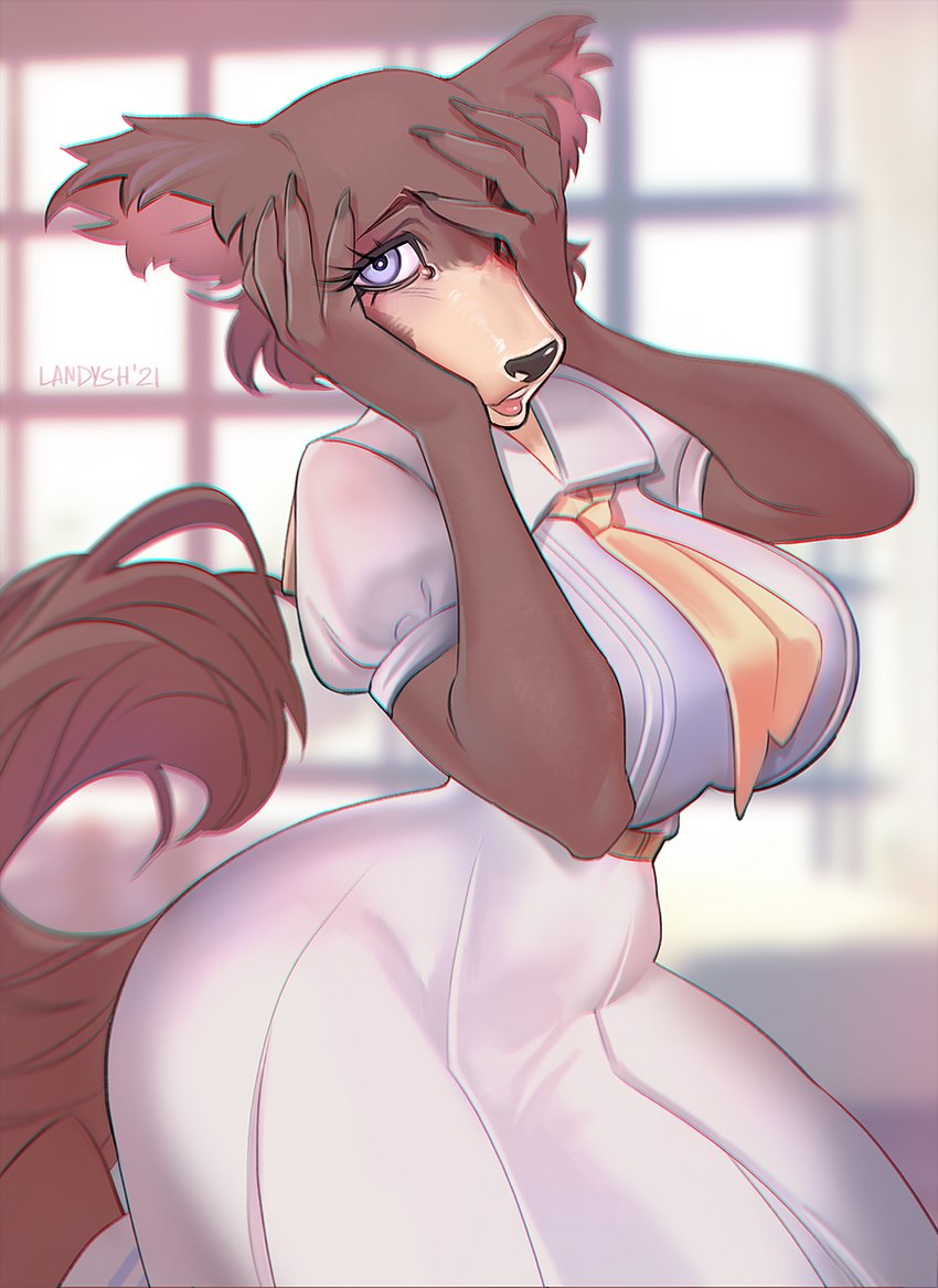 anthro big_breasts breasts brown_body brown_fur clothed clothing dress female fur solo wide_hips landysh beastars juno_(beastars) canid canine canis mammal wolf 2021 hi_res