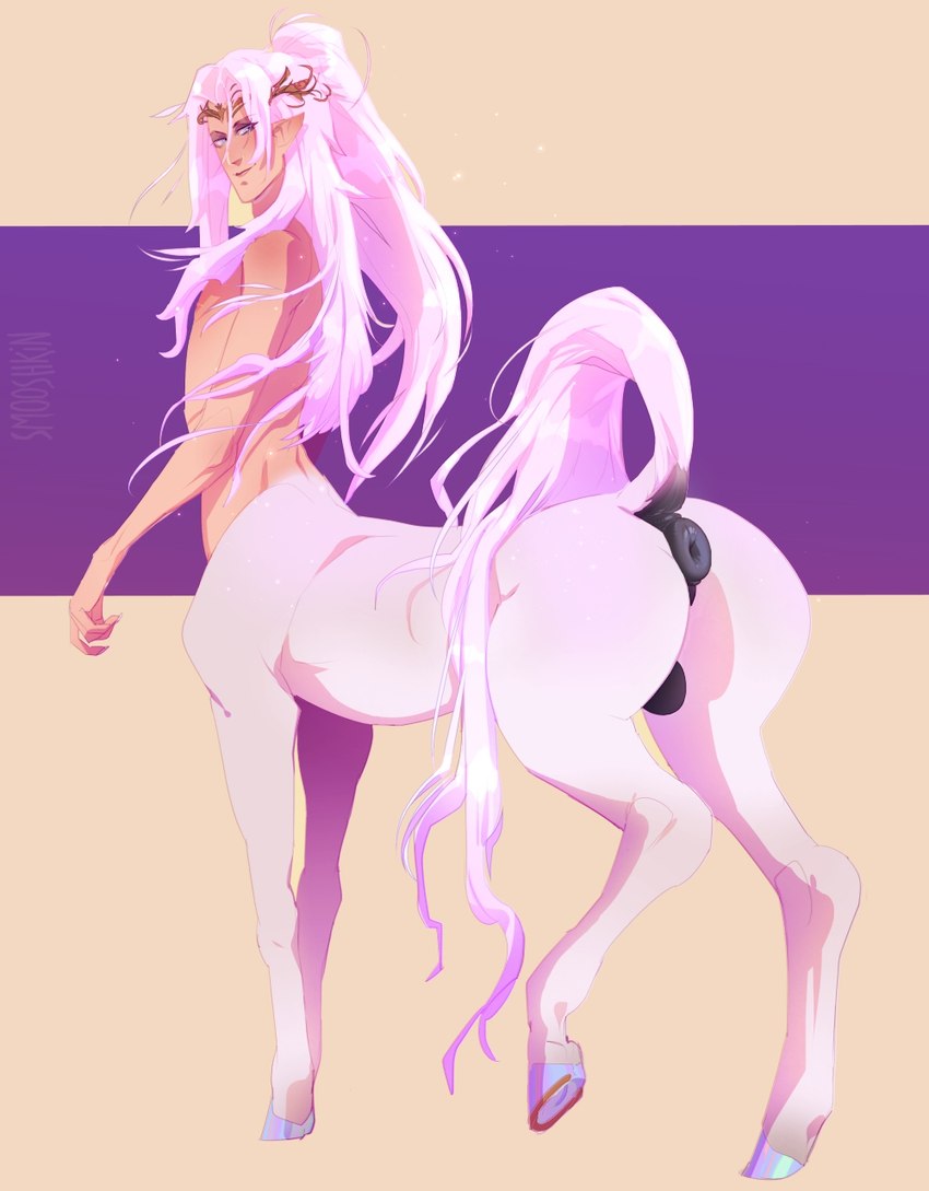 anus balls dock_(anatomy) equine_anus genitals hair headgear hooves looking_at_viewer looking_back looking_back_at_viewer male pink_hair ponytail puffy_anus raised_tail solo tail tail_anus smooshkin european_mythology greek_mythology mythology centaur equid equid_taur equine equine_taur horse horse_taur human humanoid_taur hybrid mammal mammal_taur taur hi_res