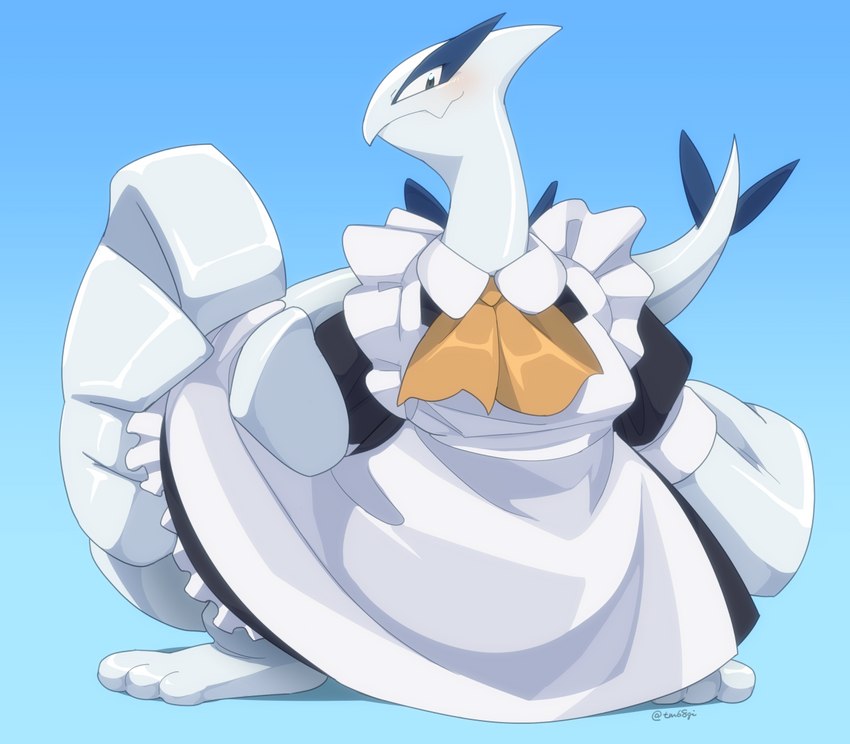 ambiguous_gender blue_body blush clothing feral long_neck long_tail looking_at_viewer maid_uniform simple_background smile solo tail uniform white_body wings biozs nintendo pokemon generation_2_pokemon legendary_pokemon lugia pokemon_(species) 2020 digital_drawing_(artwork) digital_media_(artwork) signature