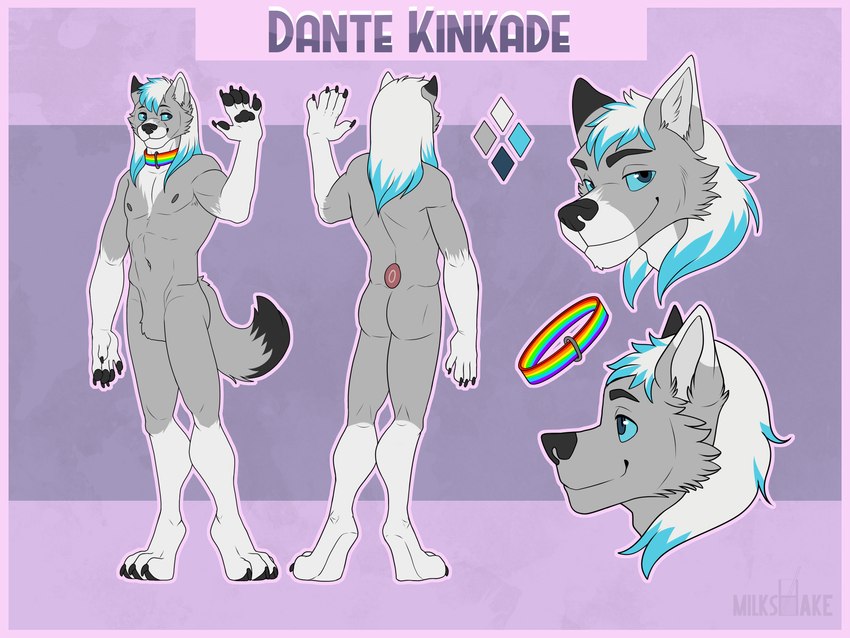 anthro collar male paws six-stripe_rainbow_pride_colors solo druidogger dante_kinkade canid canine canis mammal wolf 4:3 absurd_res hi_res model_sheet